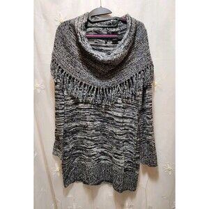 NEW DIRECTIONS WOMENS LARGE BLACK & WHITE SWEATER COWL FRINGE TRIM KNIT MODEST